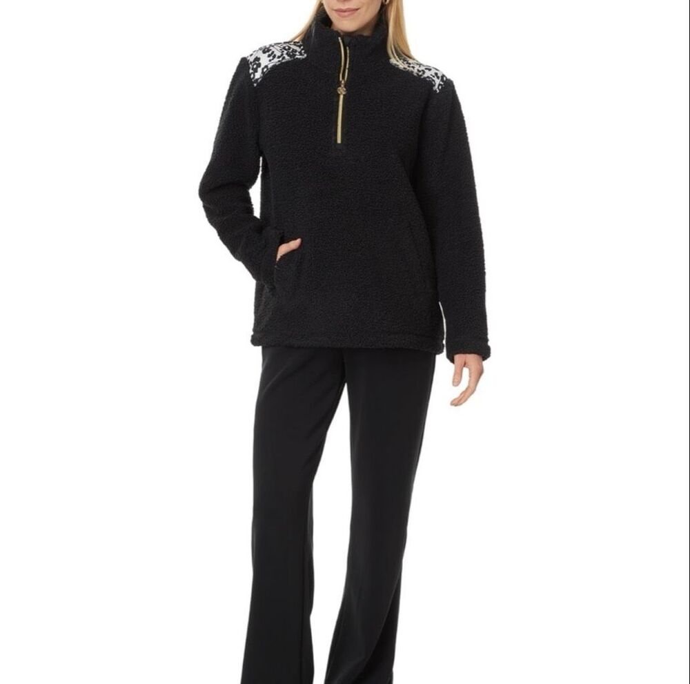 Lilly Pulitzer Womens Wallen Sherpa Jacket 1/4 Zip Black With Animal Print Beach